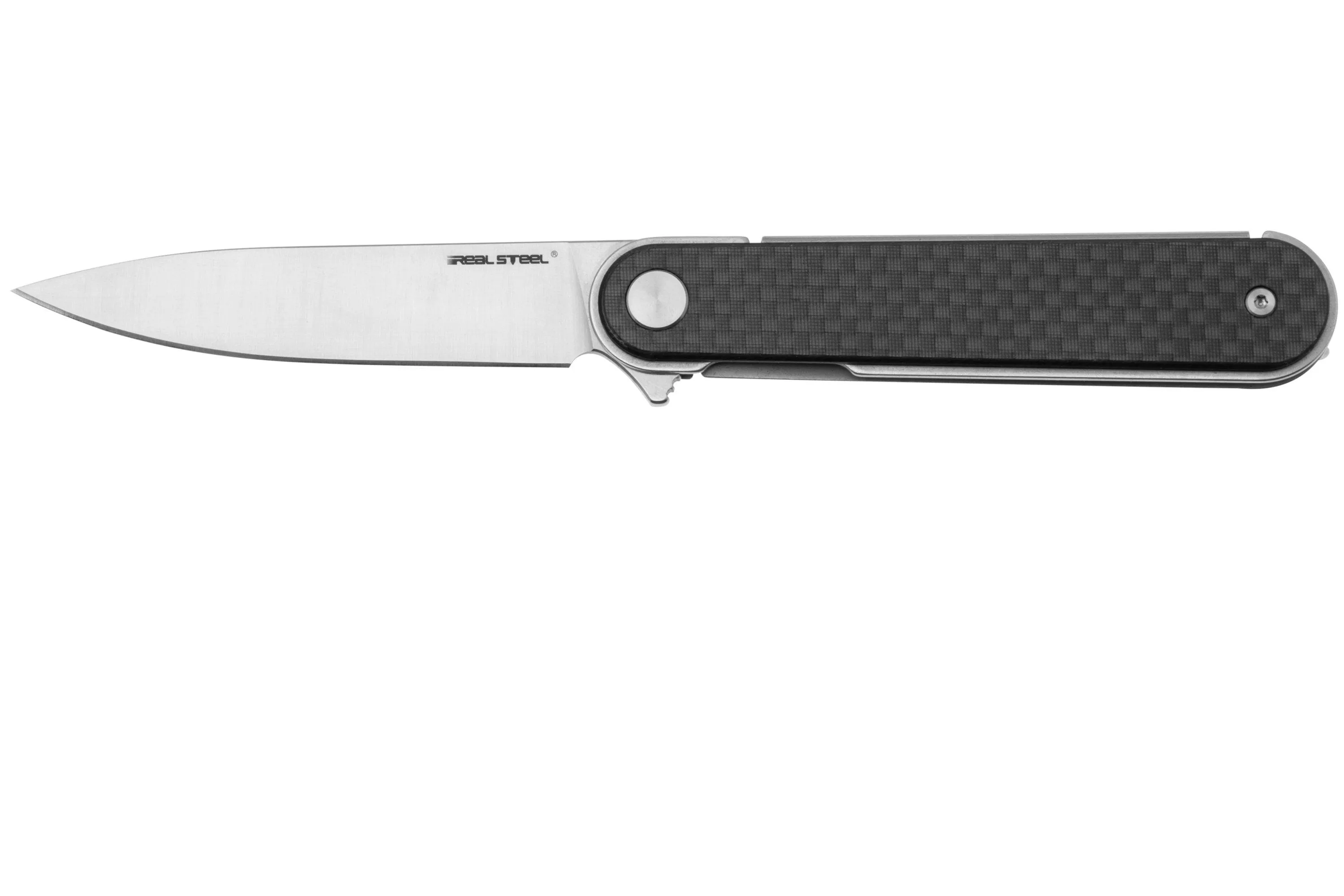 Real Steel Iris Flipper 8061AF Satin 12C27, Carbon Fiber G10, couteau de poche